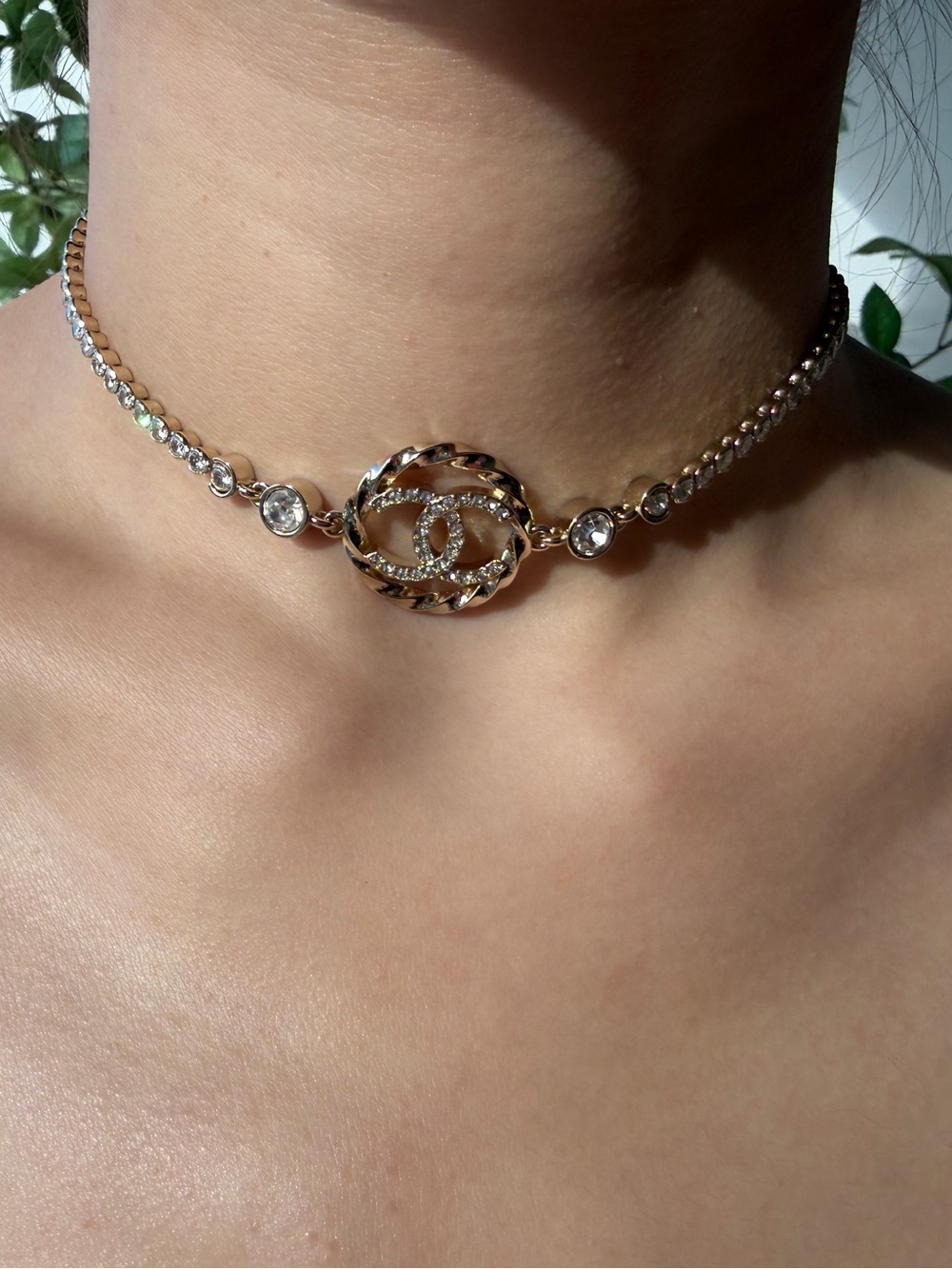 CHANEL Crystal CC Logo Choker Necklace Gold Silver Tone